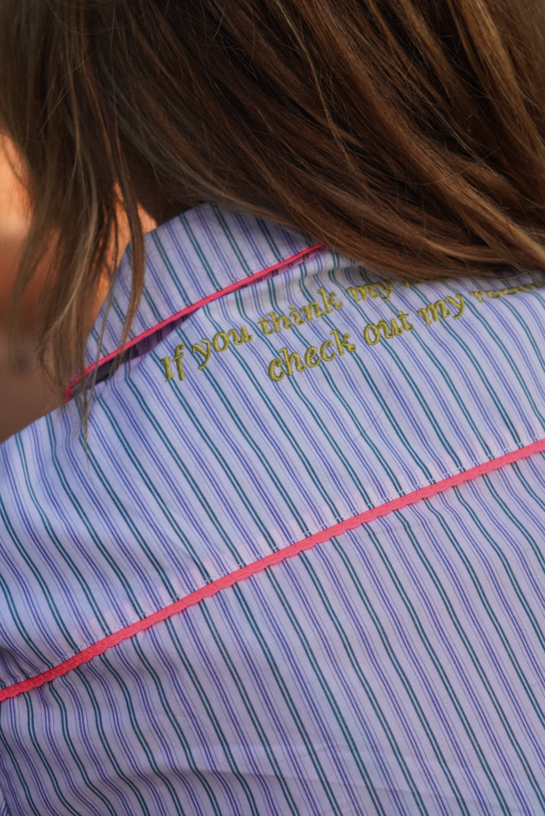 Pajamas "If you think my hair is messy, check out my room" in fine blue/green stripes (pre-order)