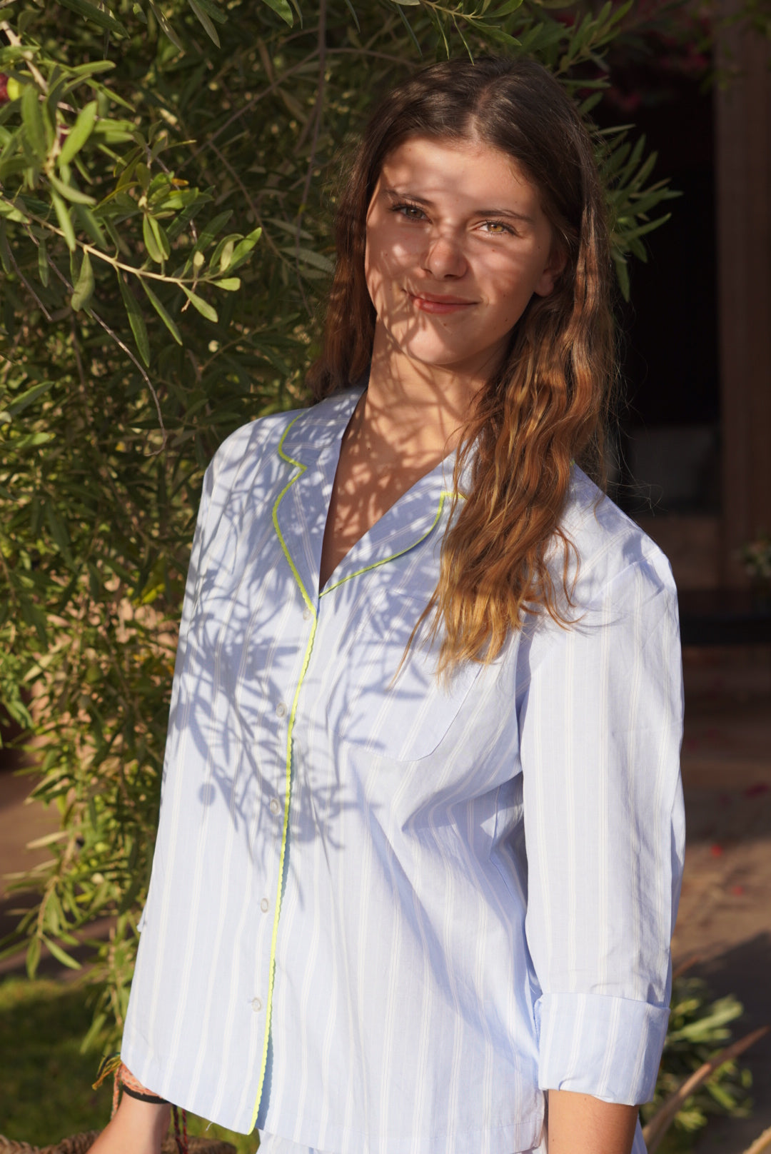 Pajamas "Mornings are hard, grumpy is the cute" in fine blue/white stripes (pre-order)