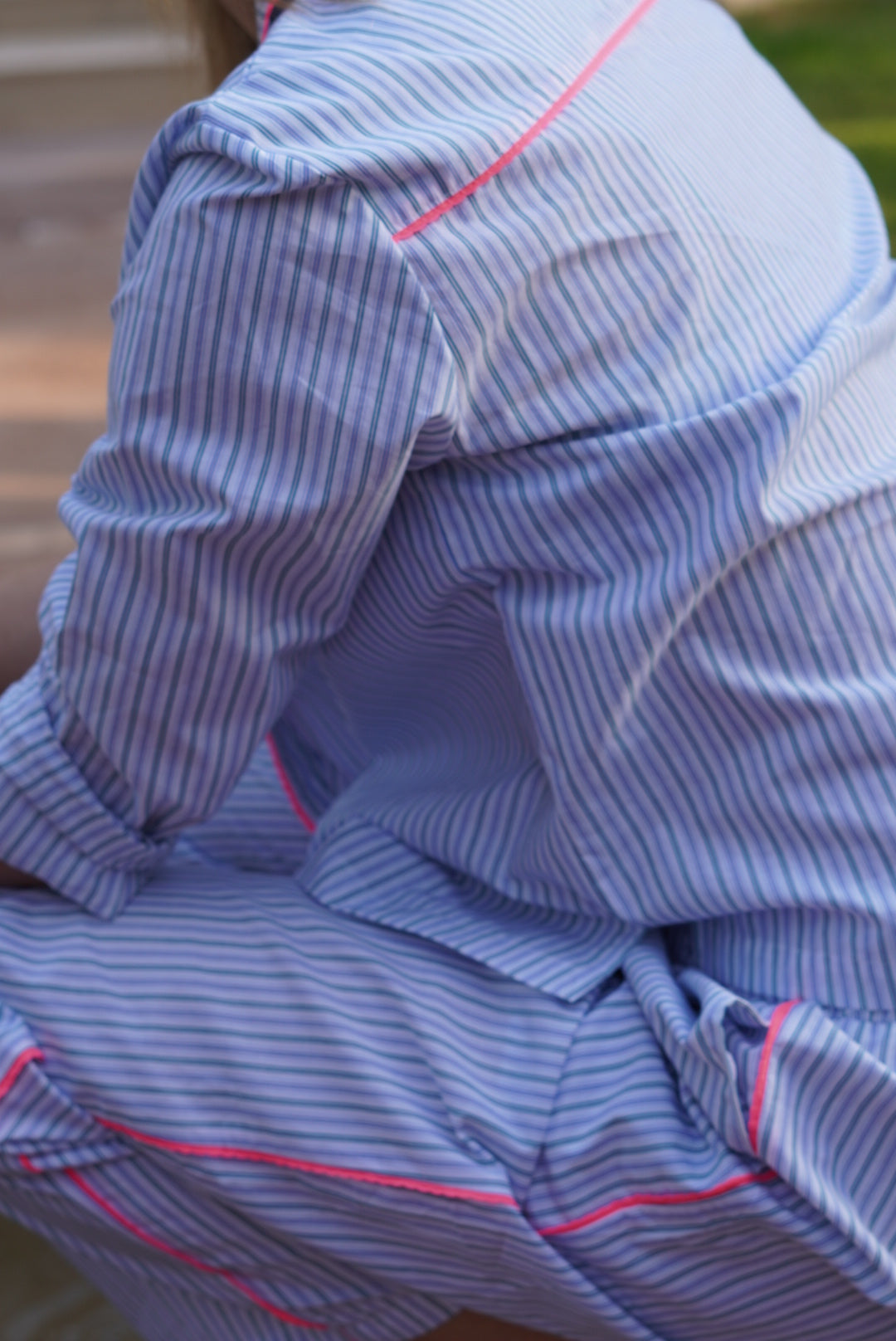 Pajamas "If you think my hair is messy, check out my room" in fine blue/green stripes (pre-order)