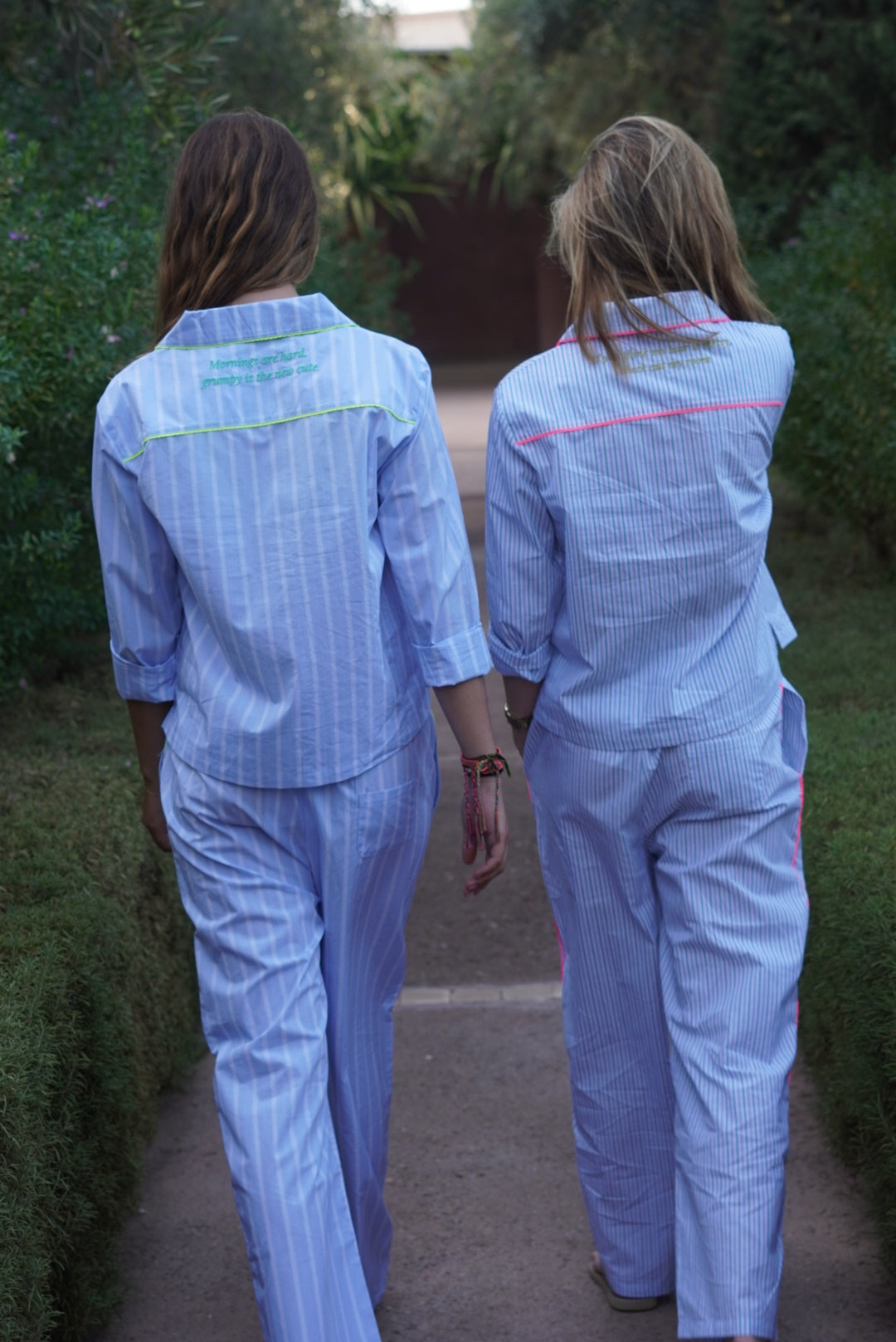 Pajamas "If you think my hair is messy, check out my room" in fine blue/green stripes (pre-order)