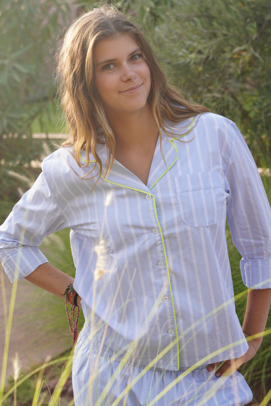 Pajamas "Mornings are hard, grumpy is the cute" in fine blue/white stripes (pre-order)