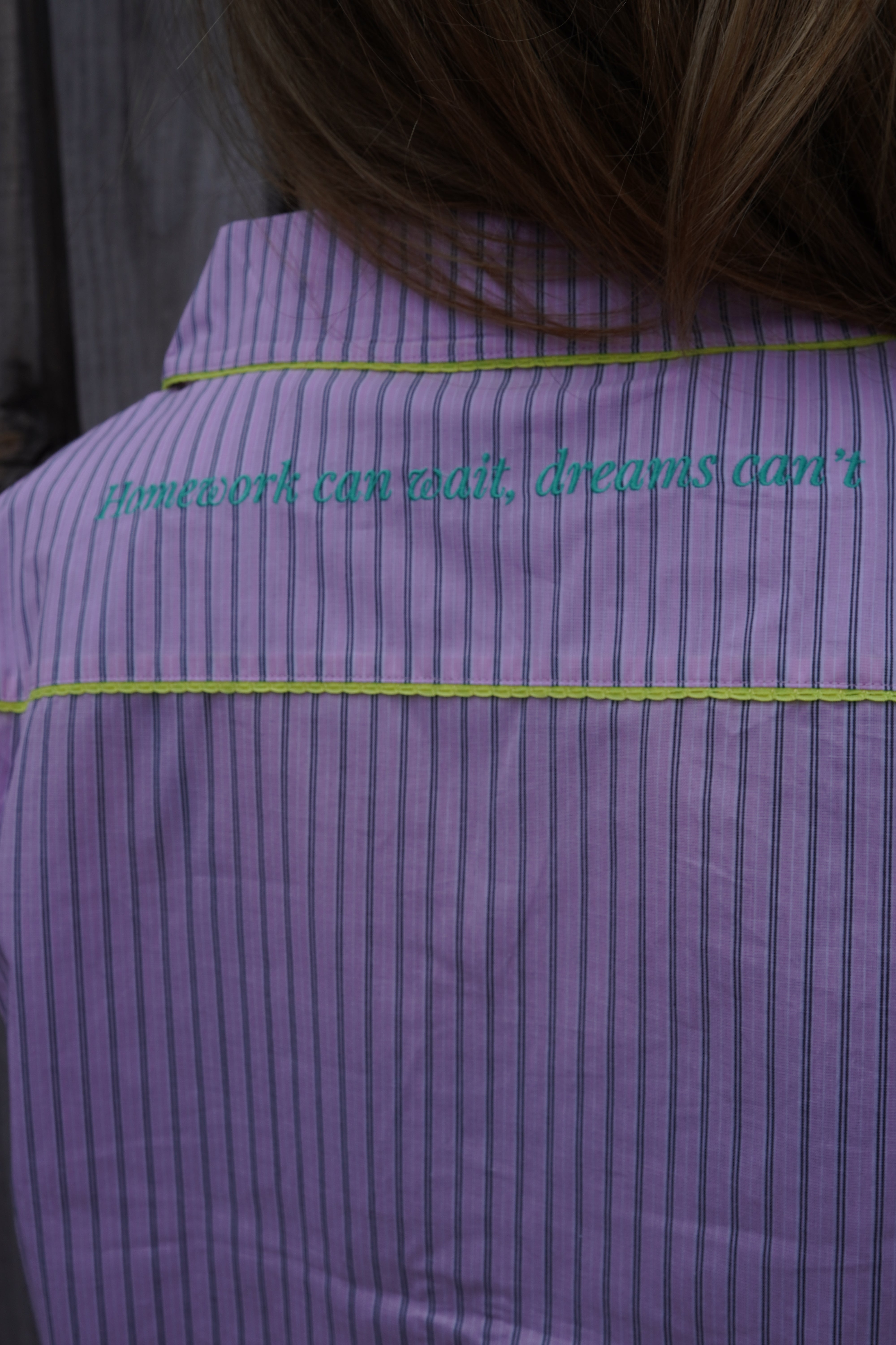 Pajama Pink stripes "Homework can wait, dreams can't" (PRE-ORDER)